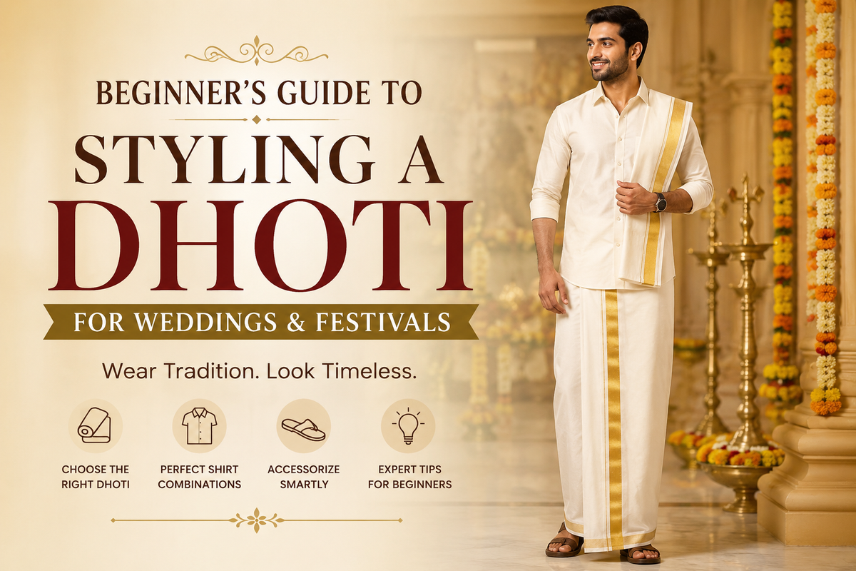 Beginner styling guide showing a man wearing a premium white dhoti with gold border for weddings and festivals by MyMaharajah.