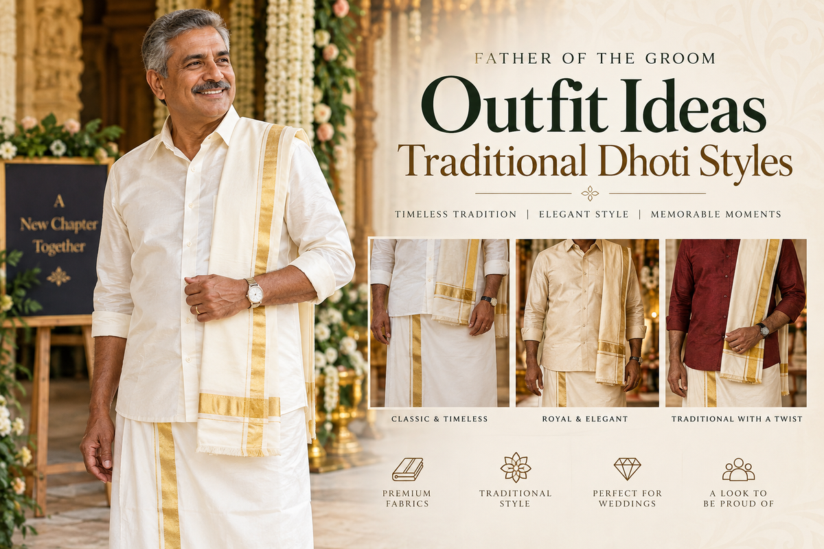 Father of the groom wearing a traditional white and gold dhoti with an angavastram for a South Indian wedding