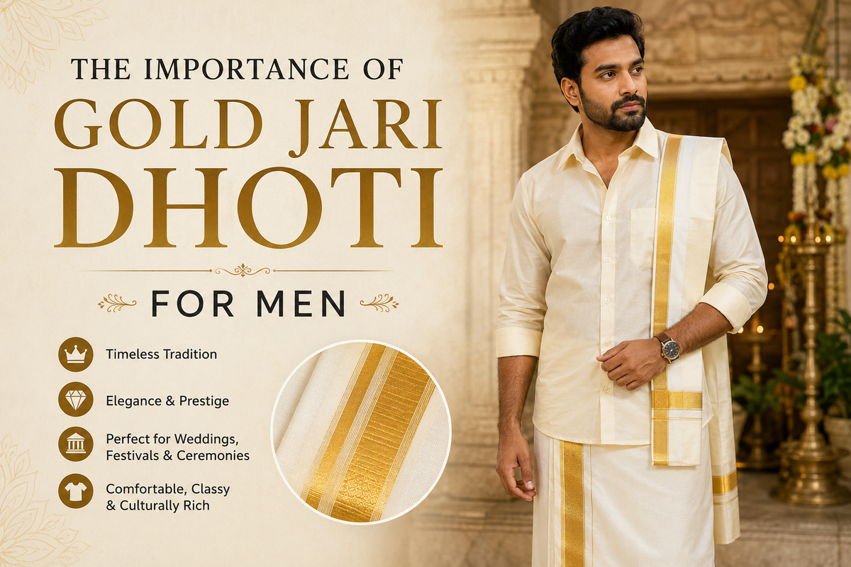 Man wearing a traditional gold jari dhoti for weddings, festivals and ceremonies