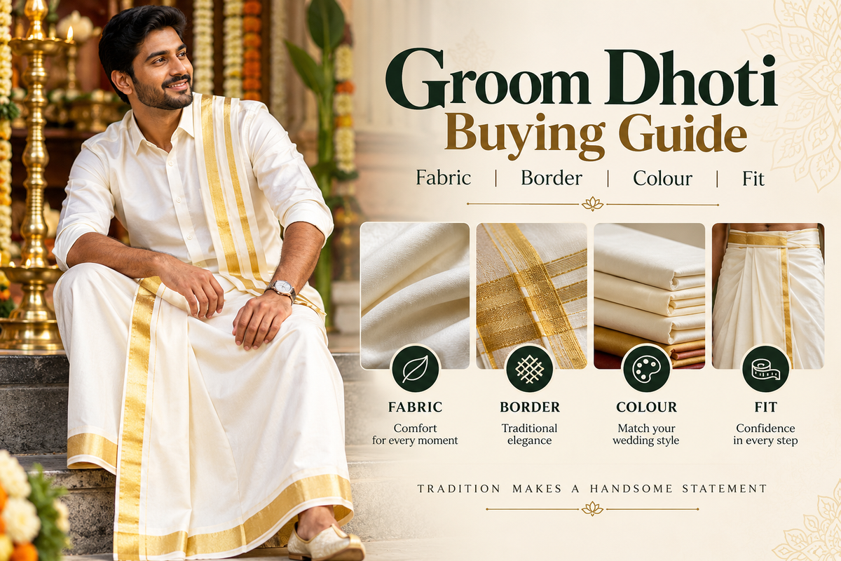 South Indian groom wearing a white and gold dhoti with a guide to fabric, border, colour and fit