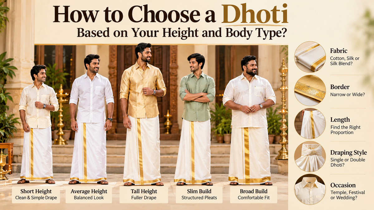 Men wearing traditional white dhotis styled for different heights and body types, showing suitable drapes, borders, fabrics and fits.