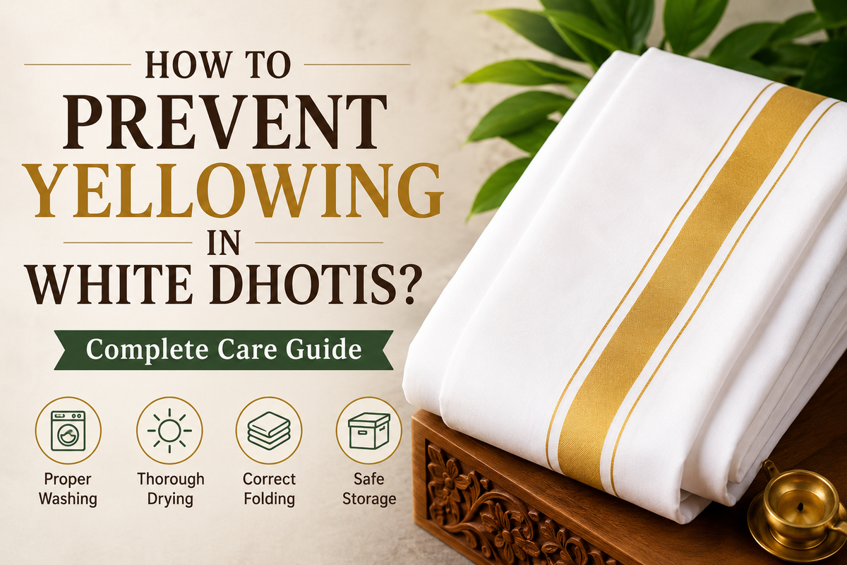 White dhoti care guide showing how to prevent yellowing through proper washing, thorough drying, correct folding, and safe storage
