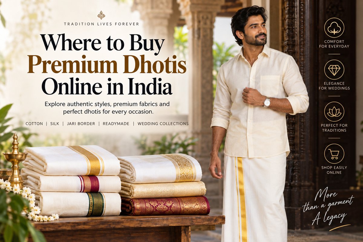 Premium dhotis online in India featuring traditional white and gold-bordered dhotis with a South Indian man wearing a dhoti