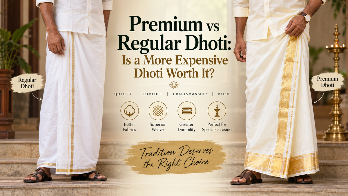 Premium vs regular dhoti comparison showing differences in fabric quality, weave, durability, craftsmanship, and traditional styling.