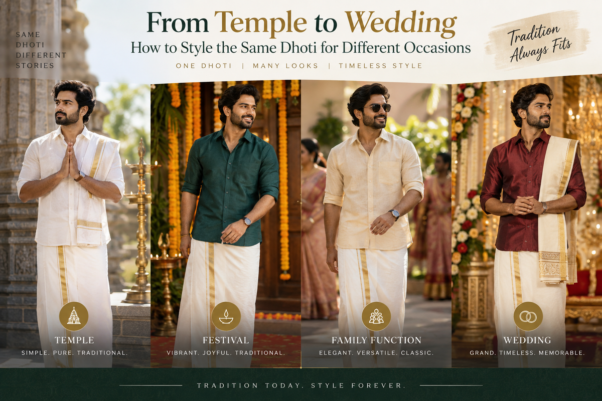 Same dhoti styled for different occasions including temple visits, festivals, family functions and weddings
