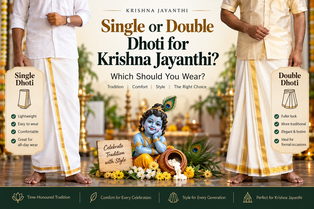 Single or double dhoti for Krishna Jayanthi, comparing traditional white dhoti styles for comfort, festive wear, and formal occasions.