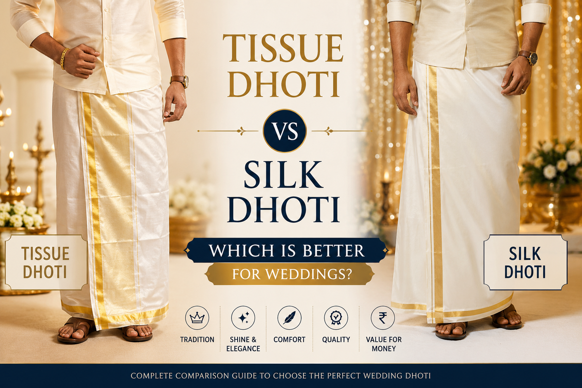 Tissue dhoti vs silk dhoti comparison for South Indian wedding