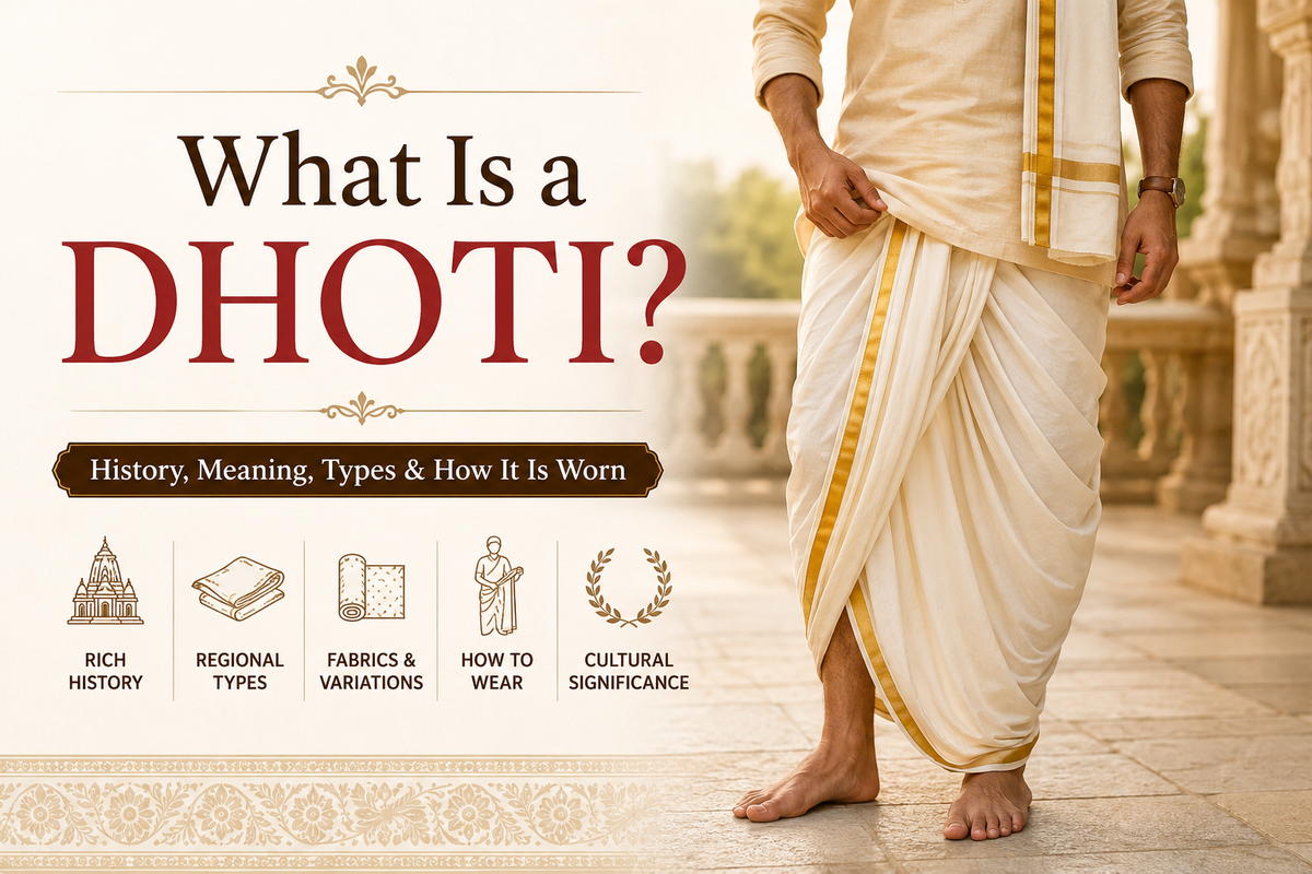 Traditional Indian man wearing a white and gold-bordered dhoti and kurta in front of a South Indian temple, illustrating the history, regional styles, cultural significance, and traditional heritage of the dhoti.