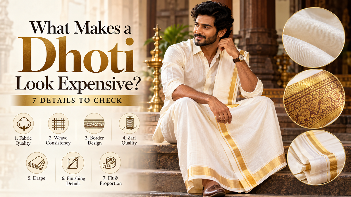 Premium white dhoti with gold zari border and 7 quality details to check