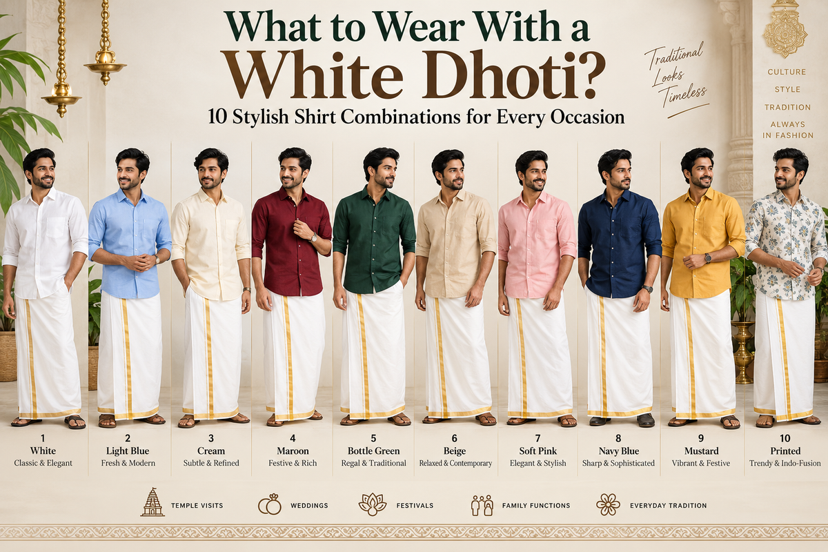 10 stylish white dhoti shirt combinations for men, featuring white, light blue, cream, maroon, bottle green, beige, soft pink, navy, mustard and printed shirts.