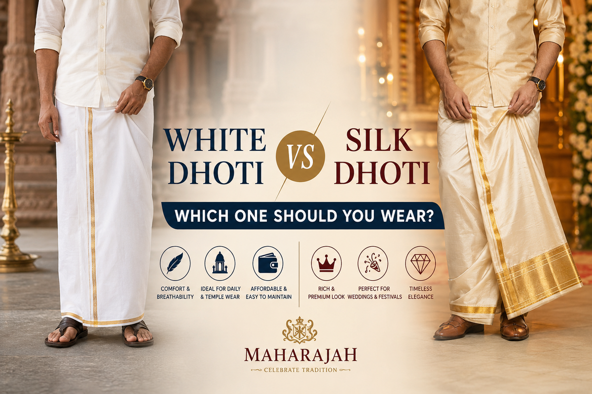 Comparison of a traditional white dhoti and a silk dhoti, highlighting their differences in comfort, style, occasions, and elegance for weddings, festivals, and daily wear by Maharajah.