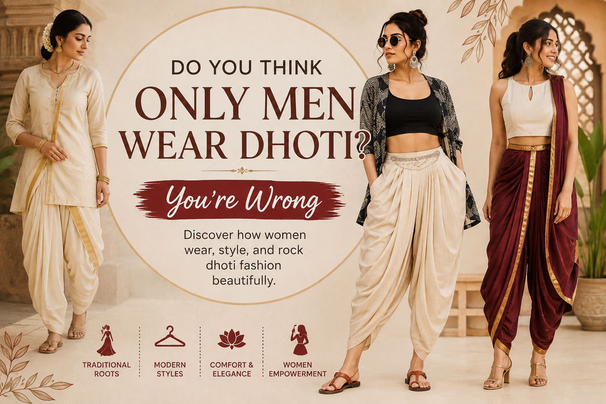 Women wearing traditional and modern dhoti styles, showcasing how women can style dhoti fashion in contemporary Indian ethnic wear.