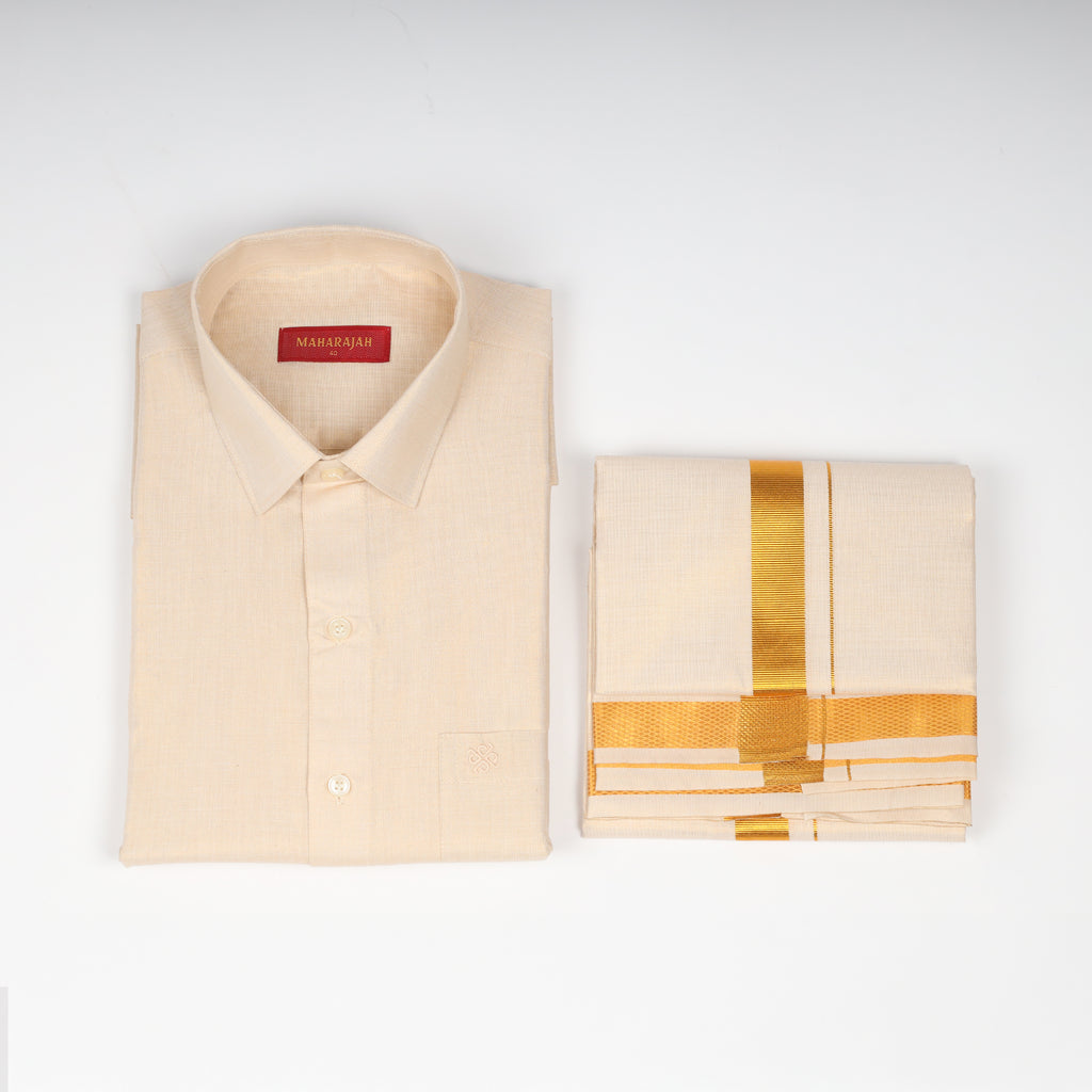 Men's tissue shirt and dhoti combo set Kataboman in gold