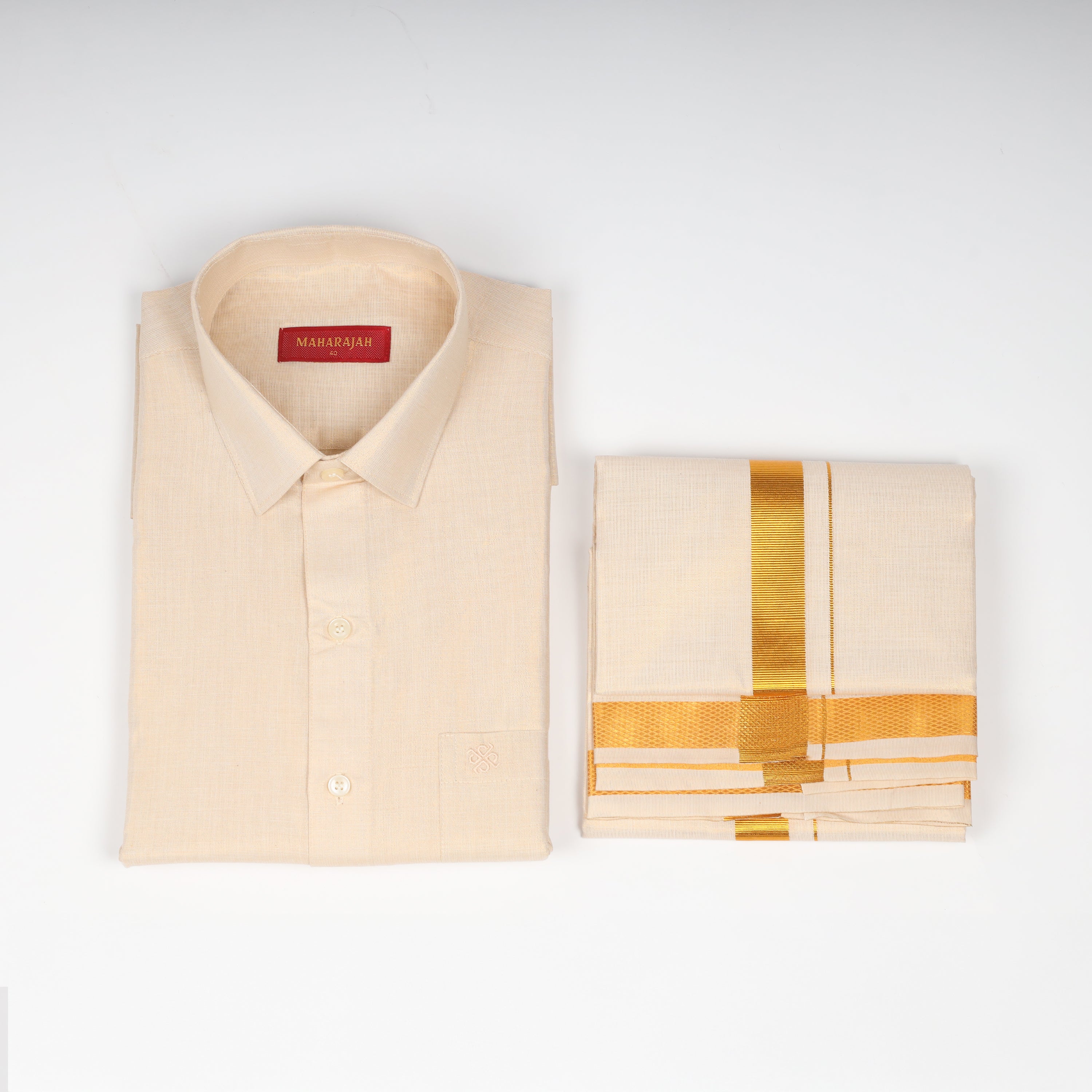 Men's tissue shirt and dhoti combo set Kataboman in gold