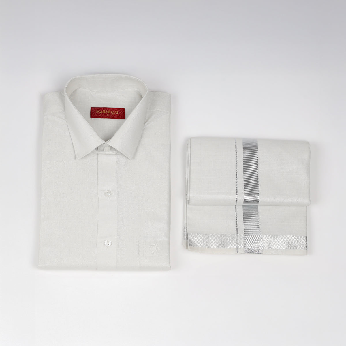 Men's tissue shirt and dhoti combo set Kataboman in silver